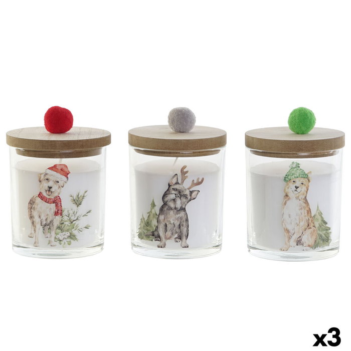 DKD Home Decor Set de 3 Velas de Cristal Multicolor Pompón Navidad Alpina
