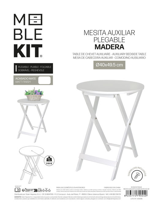 Inde Mesita Auxiliar Plegable Madera Blanca 40 cm (4 Unidades) Inde Mesita Auxiliar Plegable Madera Blanca 40 cm (4 Unidades)