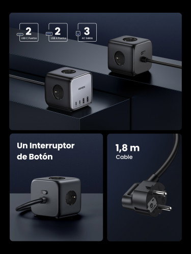 UGREEN DigiNest Pro 1 salida AC Tipo C, 4 puertos USB, 3680 W, Gris UGREEN DigiNest Pro 1 salida AC Tipo C, 4 puertos USB, 3680 W, Gris