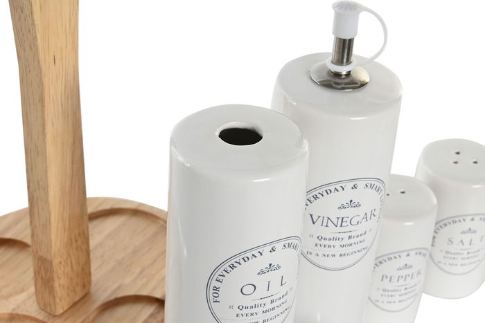 DKD Home Decor Aceitera Vinagrera Blanco Gres y Madera Set de 4 Piezas 15 x 22 x 18 cm
