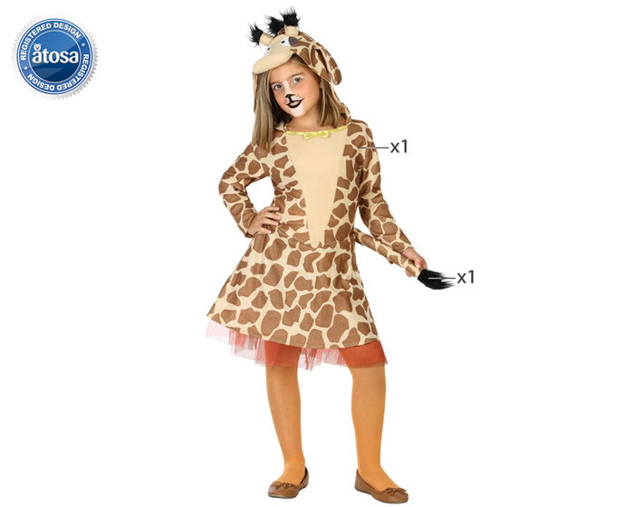 Marrón Disfraz Jirafa Niña 10-12 Años, Animales de la Selva, Vestido y Rabo de Poliéster para Fiesta o Carnaval
