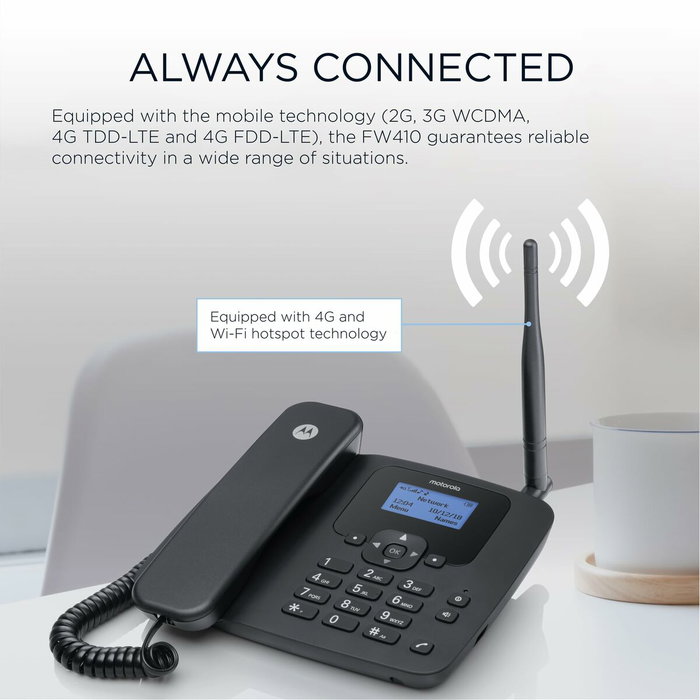 Motorola FW410L Teléfono Fijo 4G con Punto de Acceso Wi-Fi Negro Motorola FW410L Teléfono Fijo 4G con Punto de Acceso Wi-Fi Negro