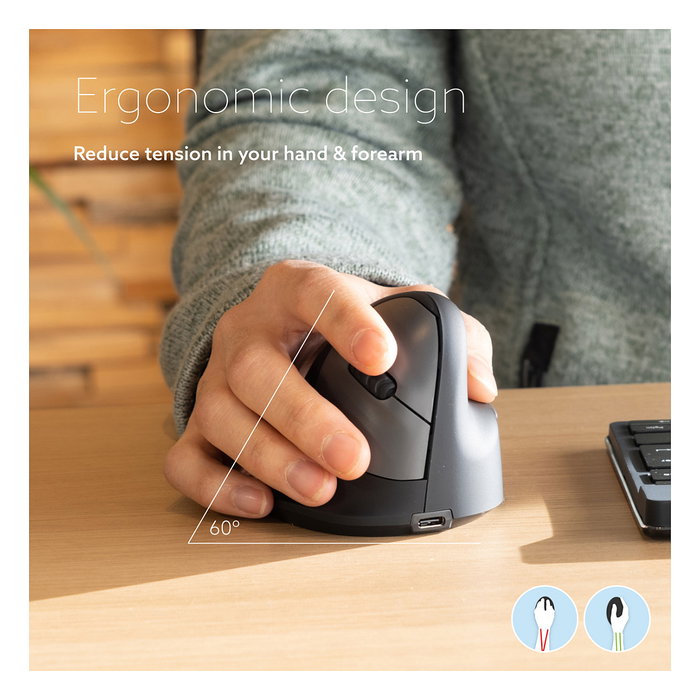 R-Go Ratón Ergonómico Inalámbrico Vertical HE Break Small, Diestro, Bluetooth 5.0, 2400 DPI, Negro, Aluminio, Incluye Software Anti-RSI
