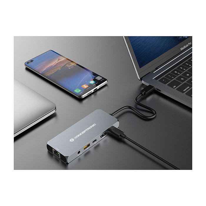 Conceptronic DONN22G Estación de acoplamiento USB-C/USB4 6 en 1 con HDMI 8K, 2.5GbE y 100W PD, Gris