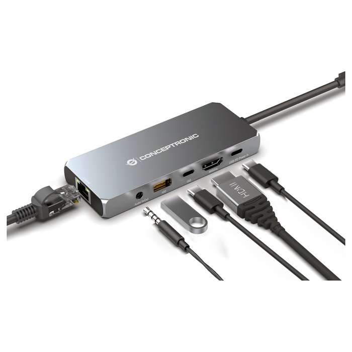 Conceptronic DONN22G Estación de acoplamiento USB-C/USB4 6 en 1 con HDMI 8K, 2.5GbE y 100W PD, Gris