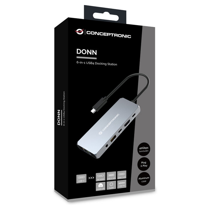 Conceptronic DONN22G Estación de acoplamiento USB-C/USB4 6 en 1 con HDMI 8K, 2.5GbE y 100W PD, Gris
