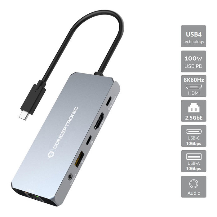 Conceptronic DONN22G Estación de acoplamiento USB-C/USB4 6 en 1 con HDMI 8K, 2.5GbE y 100W PD, Gris