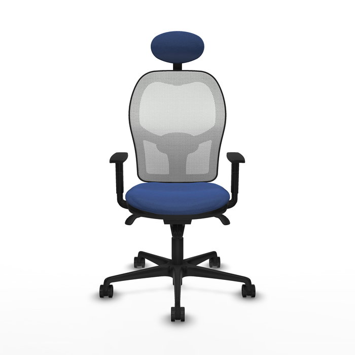 Silla de oficina Jorquera con mecanismo Sincro tapizada con Tela color Azul marino y malla color Blanco. Equipada con lumbar 1D, Brazos 1D, Cabecero Fijo y Ruedas 65mm nailon