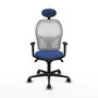 Silla de oficina Jorquera con mecanismo Sincro tapizada con Tela color Azul marino y malla color Blanco. Equipada con lumbar 1D, Brazos 1D, Cabecero Fijo y Ruedas 65mm nailon