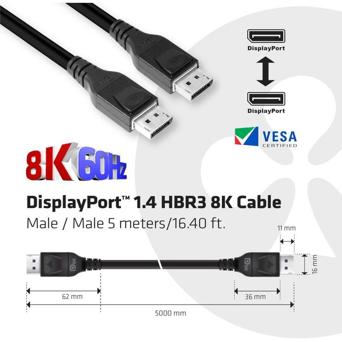 Club 3D DisplayPort 1.4 HBR3 Cable 5m 8K60Hz 32.4Gb/s Macho a Macho Club 3D DisplayPort 1.4 HBR3 Cable 5m 8K60Hz 32.4Gb/s Macho a Macho