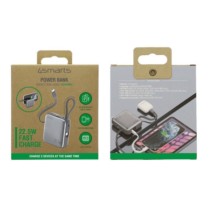 4smarts Powerbank Pocket Dual Cord 10000mAh 22.5W Gris 541625