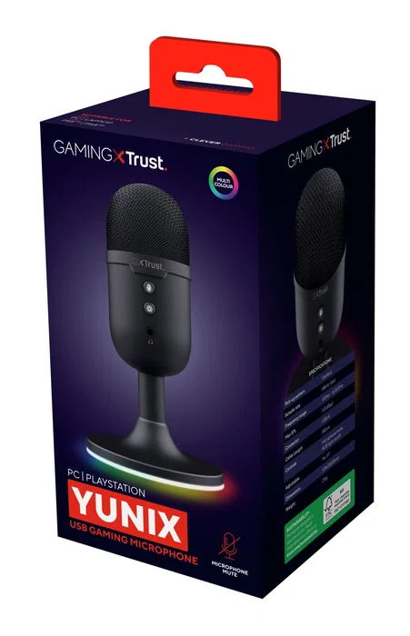 Trust GXT 234P Yunix Micrófono de Mesa USB Negro para PC, Gaming, Streaming y Podcast con RGB, Patrón Cardioide y Botón Mudo