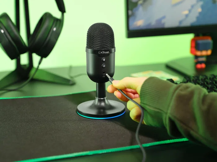 Trust GXT 234P Yunix Micrófono de Mesa USB Negro para PC, Gaming, Streaming y Podcast con RGB, Patrón Cardioide y Botón Mudo