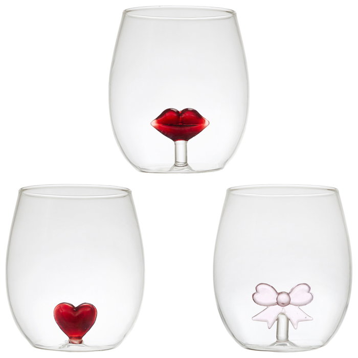 Home Deco Factory Vaso Vidrio Figura Secret Glass 400 ml Corazón Lazo Labios Borosilicatado