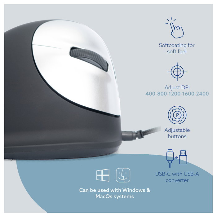 R-Go R-Go HE Break Ratón Ergonómico para Mano Derecha, Óptico 2400 DPI, USB, Negro, Software de Pausa, Cable 1.82 m, Tamaño Mediano (175-195 mm), Retail