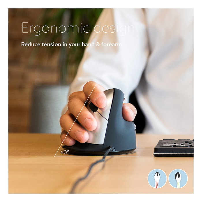 R-Go R-Go HE Break Ratón Ergonómico para Mano Derecha, Óptico 2400 DPI, USB, Negro, Software de Pausa, Cable 1.82 m, Tamaño Mediano (175-195 mm), Retail