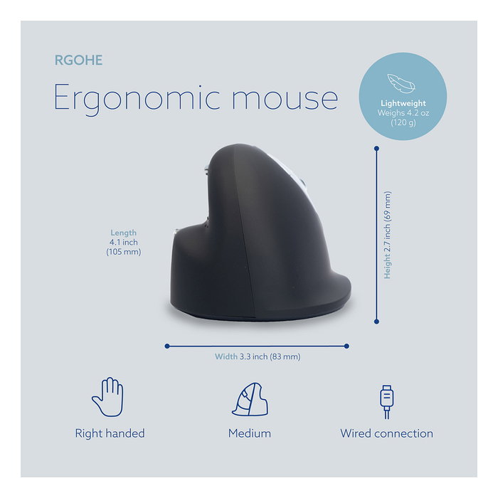 R-Go R-Go HE Break Ratón Ergonómico para Mano Derecha, Óptico 2400 DPI, USB, Negro, Software de Pausa, Cable 1.82 m, Tamaño Mediano (175-195 mm), Retail