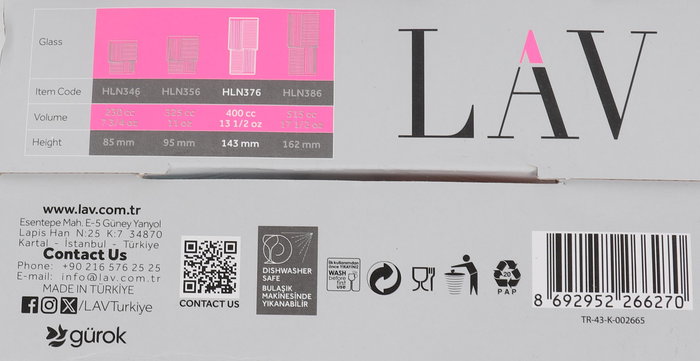 LAV Set 4 Vasos Helen 400 cc Color (7 x 14,3 x 7 cm) (6 Cajas)