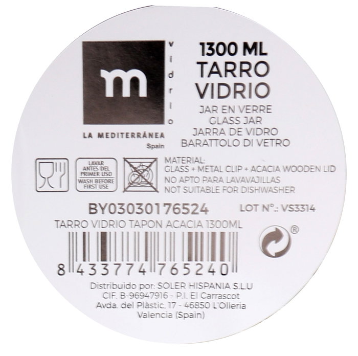 La Mediterranea Tarro de Vidrio con Tapón de Acacia 1300ml (12 Unidades)