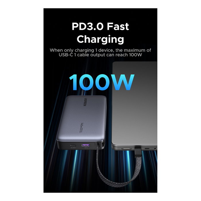 Ugreen Powerbank PB551 20000mAh 145W con cable USB-C integrado, Gris Ugreen Powerbank PB551 20000mAh 145W con cable USB-C integrado, Gris