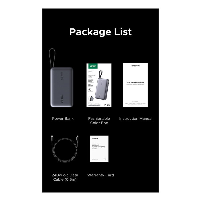 Ugreen Powerbank PB551 20000mAh 145W con cable USB-C integrado, Gris Ugreen Powerbank PB551 20000mAh 145W con cable USB-C integrado, Gris