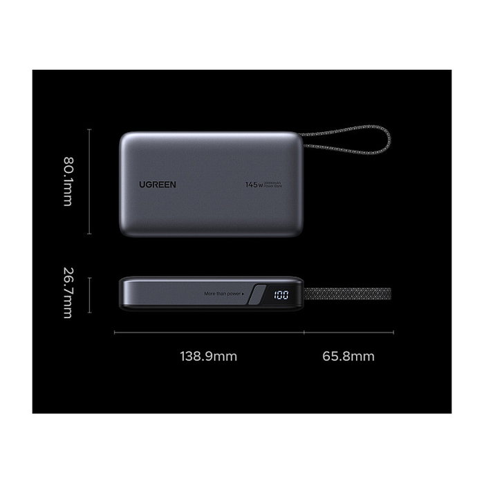 Ugreen Powerbank PB551 20000mAh 145W con cable USB-C integrado, Gris Ugreen Powerbank PB551 20000mAh 145W con cable USB-C integrado, Gris