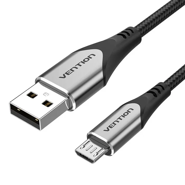 Vention COAHG Cable USB 2.0 Micro-USB B a USB A Macho para Carga Rápida 3A y Datos 480 Mbps, Conector de Aluminio Negro, Nylon Trenzado, 1.5 m
