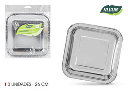Algon Set 3 Platos Carton Cuadrados Plata 26 cm (18 Unidades)