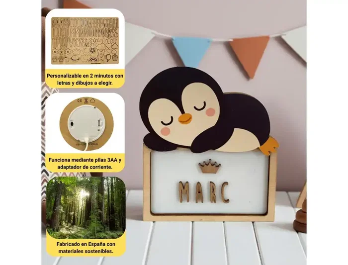 Wondee Vintiun Lámpara Personalizable Pingüino de Madera para Noche Bebé o Niños - Luz Quitamiedos con Carga USB-C y Kit de Letras