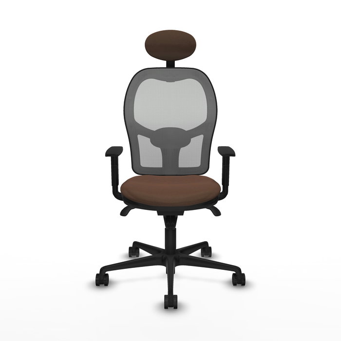 Silla de oficina Jorquera con mecanismo Sincro tapizada con Tela color Marrón oscuro y malla color Gris. Equipada con lumbar 1D, Brazos 1D, Cabecero Fijo y Ruedas 65mm nailon