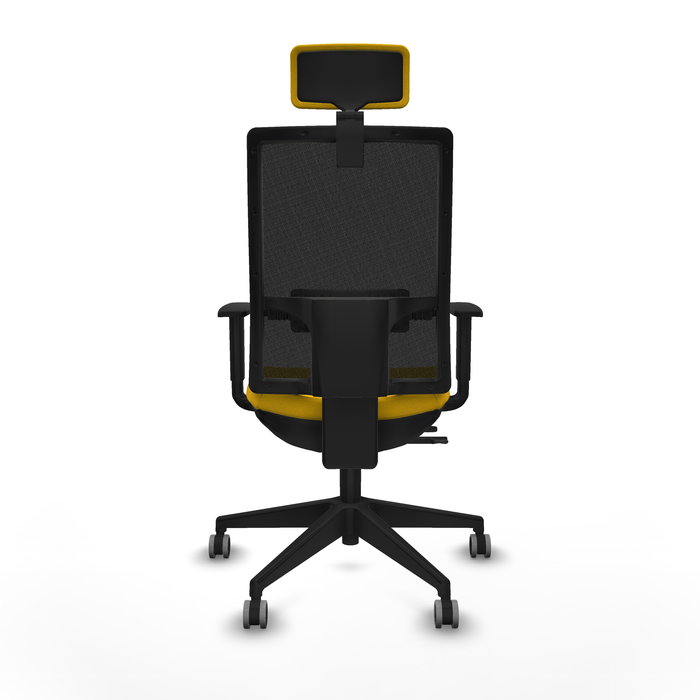 Silla de oficina Horna con mecanismo Sincro/Traslack tapizada con Tela color Amarillo y malla color Negro. Equipada con lumbar 1D, Brazos 1D, Cabecero 2D y Ruedas 65 mm parqué