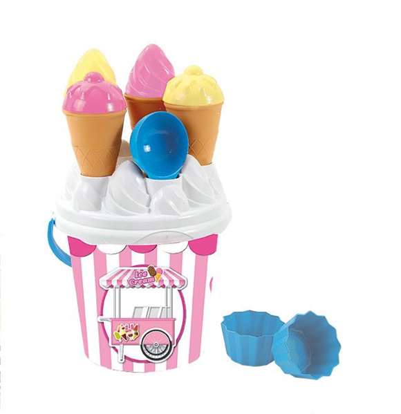 AVC Cubo de playa 18,5x15,5 cm con temática heladería, incluye cucuruchos, helados, magdalenas y paleta de juguete