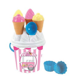 AVC Cubo de playa 18,5x15,5 cm con temática heladería, incluye cucuruchos, helados, magdalenas y paleta de juguete