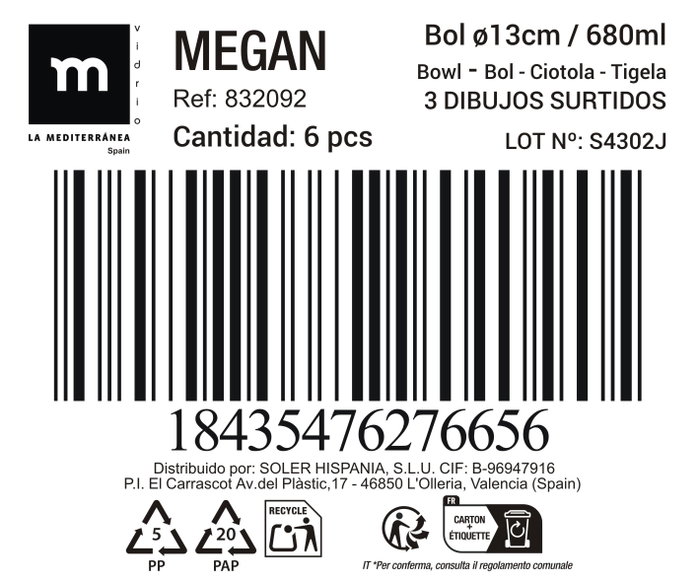 La Mediterranea Bowl Megan 680ml (Pack de 36 unidades) - Diseños Surtidos