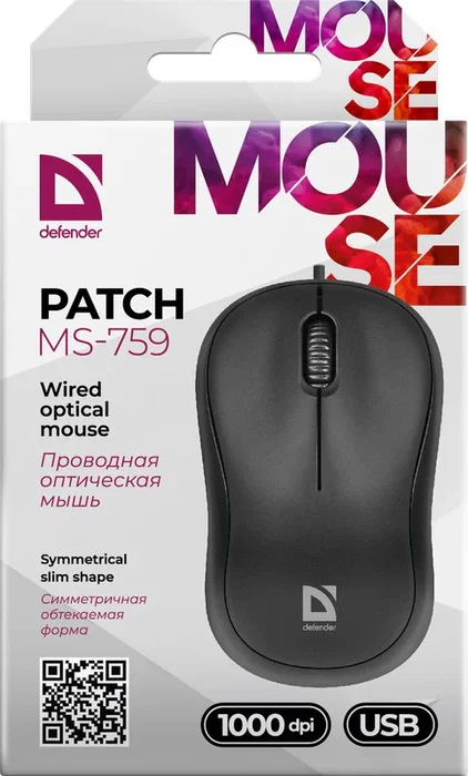 Defender Patch MS-759 Ratón Óptico Ambidiestro para Oficina - 1000 DPI, 3 Botones, Rueda de Desplazamiento, USB Tipo A, Negro