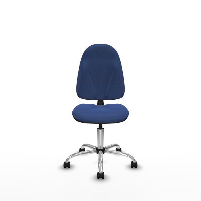 Silla de oficina Algarra con mecanismo Contacto permanente básico tapizada con Tela color Azul marino. Equipada con Base cromada, Sin brazos y Ruedas de nailon 50 mm