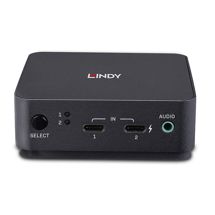 LINDY KVM Switch 2 Port USB-C y DisplayPort 1.2 42320, 4K Ultra HD 3840x2160, Conmutación Automática, Audio, USB PD 100W, Metal Gris