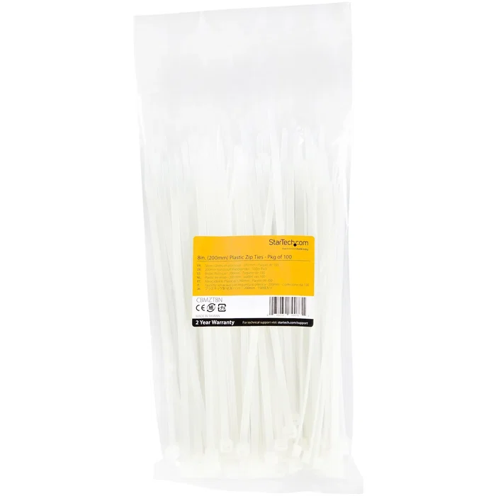 StarTech.com CBMZT8N Brida de Cable Nylon Reutilizable Blanca 100 Piezas - 20cm Longitud, Resistencia 22kg, Diámetro Haz 55mm