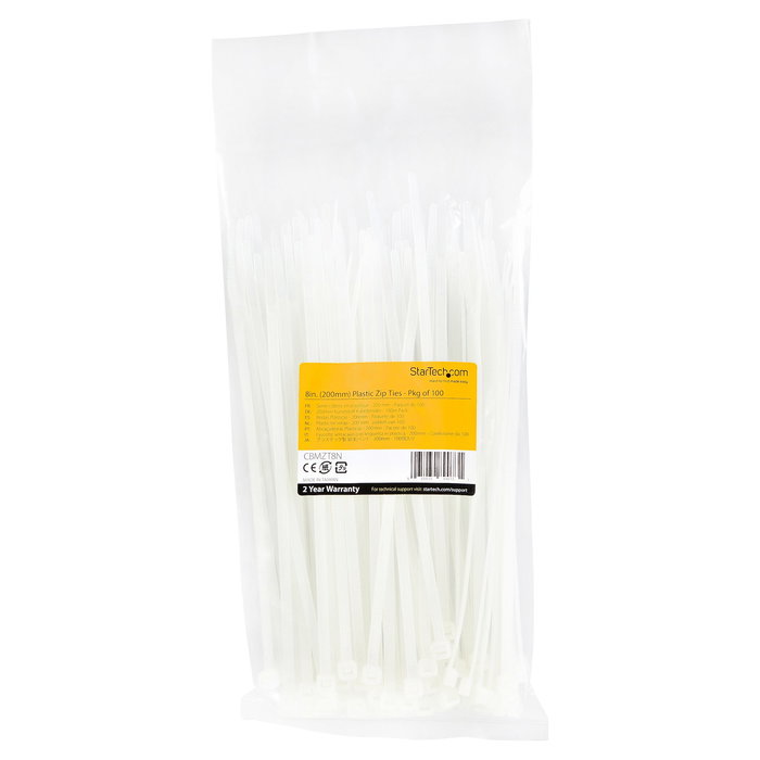 Startech - Paquete de Bridas de Nylon Autoblocantes, 20 cm (8"), Ancho 4 mm, Diámetro de Haz 55 mm, Resistencia a la Tracción 22 kg (50 lb)