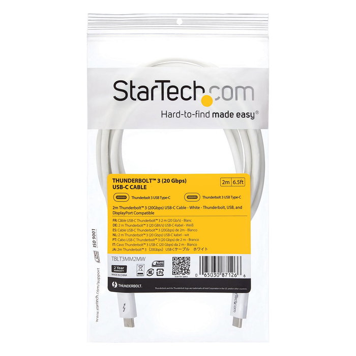 StarTech.com Cable Thunderbolt 3 Pasivo 2m Blanco - 20Gbit/s, 100W PD, 4K, Compatible con USB4, Certificado Thunderbolt