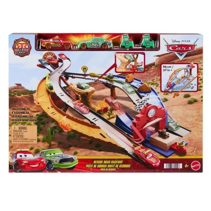 Cars JFL57 Pista de Carreras Rescue Road Set de Cuatro Vehículos Disney Pixar
