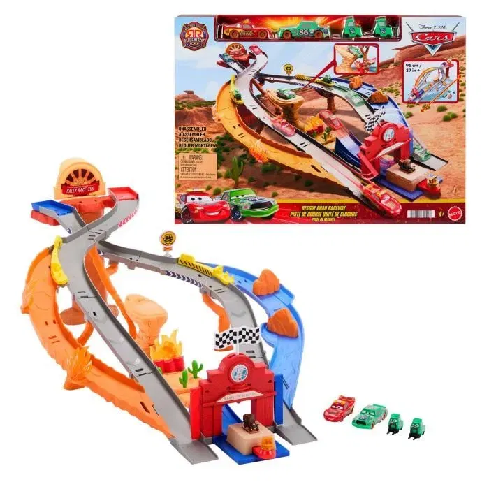 Cars JFL57 Pista de Carreras Rescue Road Set de Cuatro Vehículos Disney Pixar