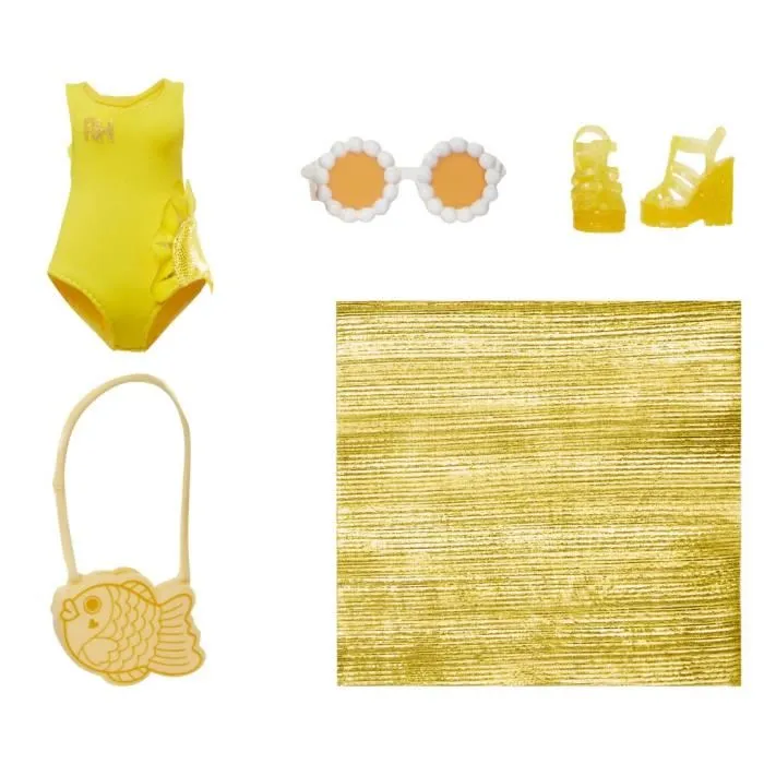 Rainbow High Muñeca de Moda Articulada 27 cm Sunny (Amarillo) con Bañador y Pareo, Juguete para Niñas a partir de 4 Años