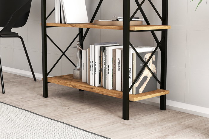 Hanah Home Nero Elit Estantería Industrial, Marco Metal Tablero Melamina, 5 Estantes, 100x180x34 cm, Nogal/Negro
