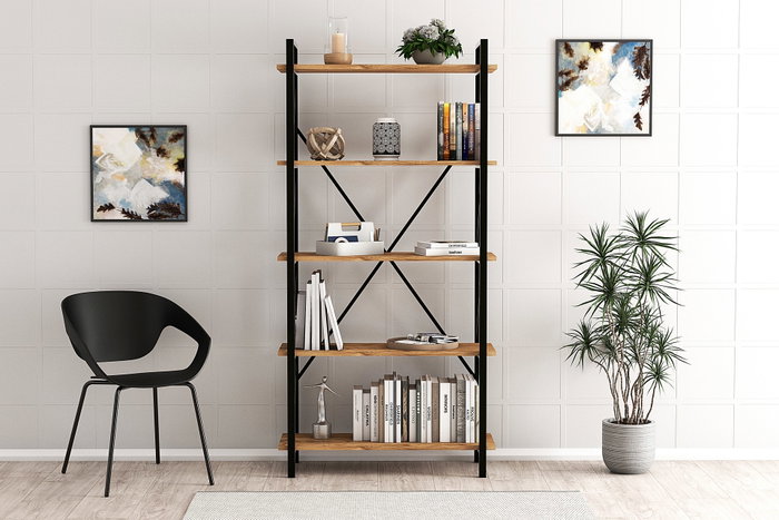 Hanah Home Nero Elit Estantería Industrial, Marco Metal Tablero Melamina, 5 Estantes, 100x180x34 cm, Nogal/Negro