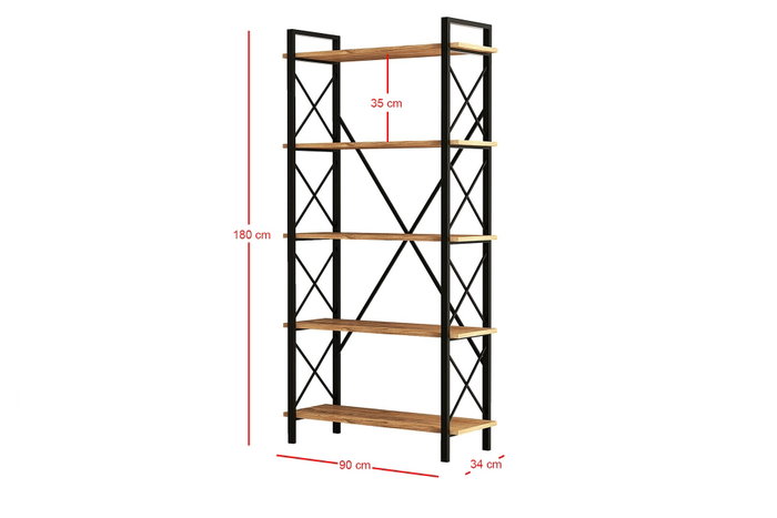 Hanah Home Nero Elit Estantería Industrial, Marco Metal Tablero Melamina, 5 Estantes, 100x180x34 cm, Nogal/Negro