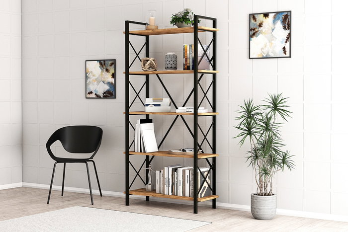 Hanah Home Nero Elit Estantería Industrial, Marco Metal Tablero Melamina, 5 Estantes, 100x180x34 cm, Nogal/Negro