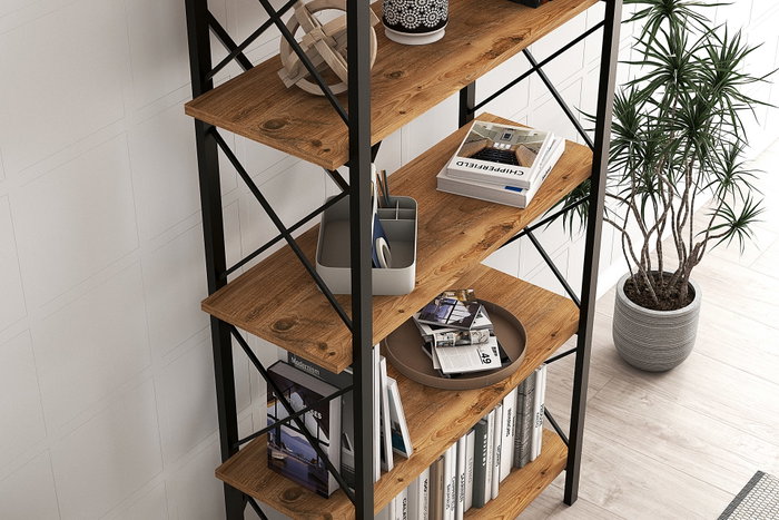 Hanah Home Nero Elit Estantería Industrial, Marco Metal Tablero Melamina, 5 Estantes, 100x180x34 cm, Nogal/Negro