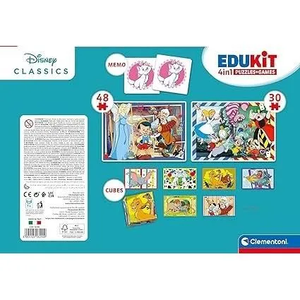 Clementoni CLE8005125182909 Edukit Disney Caja de aprendizaje 4 en 1, 2 rompecabezas, 1 nota, 1 juego de 6 cubos, a partir de 4 años, Hecho en Italia