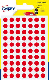 Avery PSA08R Paquete 6 Hojas Etiquetas Redondas Gomets Rojas 8mm Diámetro Adhesivo Permanente
